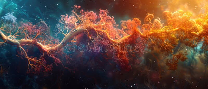 Rădăcini extraterestre intricate care înfrățesc strălucirea cu culori vii împotriva unei origini cosmice de fundal generativeai. Rădăcini extraterestre intrinsec într-o scenă cosmică strălucind cu culori vii și setate cu o sursă stelară generativeai.