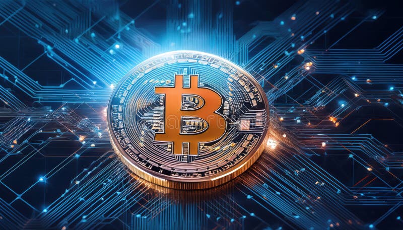 Intricate bitcoin coin resting on advanced circuit board representing digital currency technology stock illustration