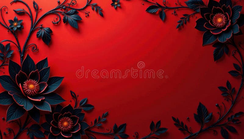Intricate black floral pattern on deep red background, graphics, decor, floral. Intricate black floral pattern on deep red background graphics decor floral Vector illustration for high-quality printing AI Generated