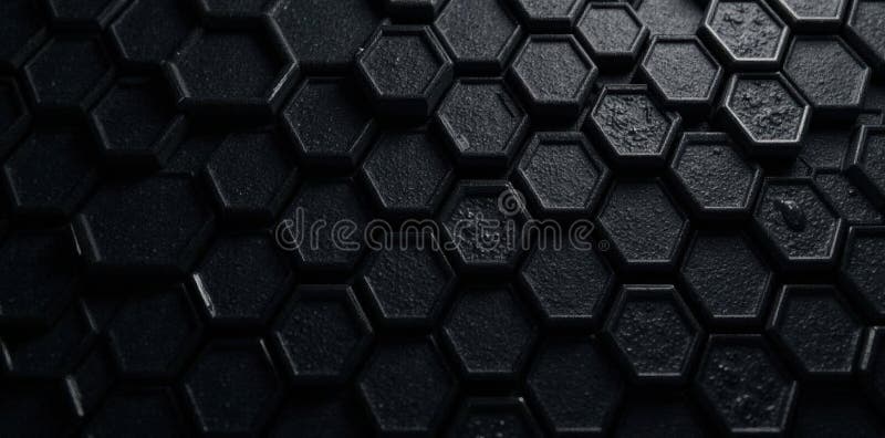 Intricate black hexagonal backdrop, shadowy abstract design, depth, abstract, mesh stock illustration