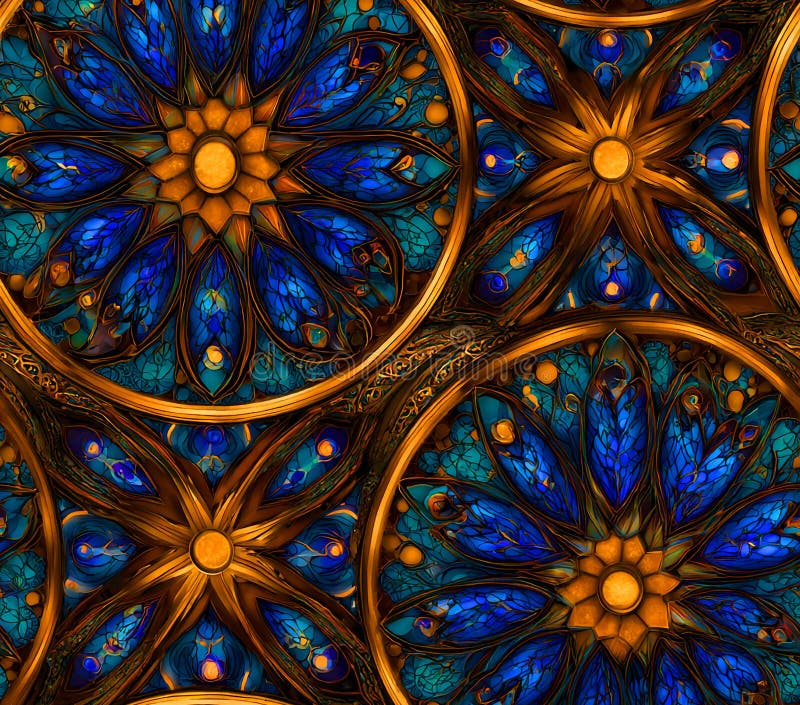Intricate Blue and Gold Geometric Pattern A CloseUp View of Circular Mosaic Design stock illustration