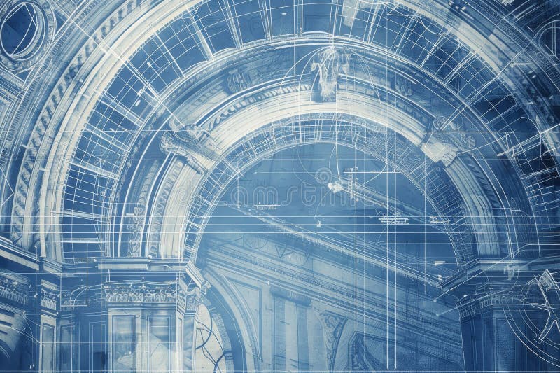 Intricate blueprint showcasing a building design with a prominent clock on it, An intricate blueprint design featuring detailed vector illustration