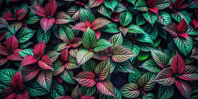 Intricate Blätter in üppig roten und grünen Farbtönen mit botanischem Hintergrund. Generative AI lizenzfreie abbildung