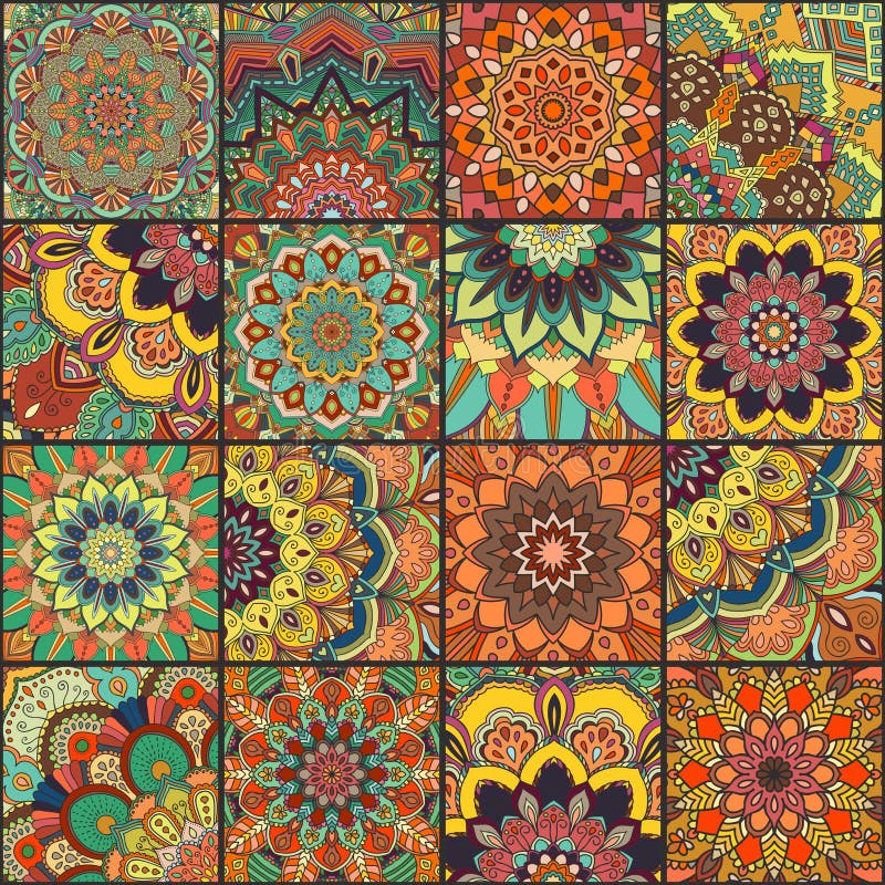 Boho tile set and seamless pattern. Colorful patchwork for fabric print, furniture, wallpaper, fashionable textile. Square design elements. Unusual flower ornament. Vector oriental mandala background. Boho tile set and seamless pattern. Colorful patchwork for fabric print, furniture, wallpaper, fashionable textile. Square design elements. Unusual flower ornament. Vector oriental mandala background.