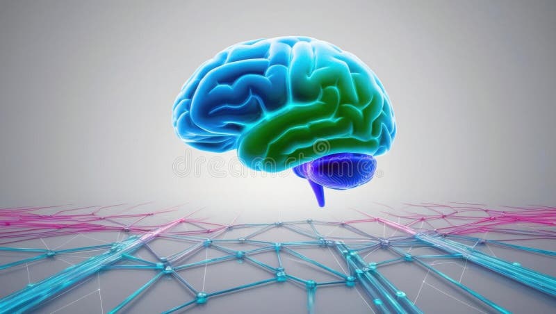 Intricate Brain Design Intertwined with Colorful Wires and Cables Symbolizing Complex Thought Processes and Technological stock illustration