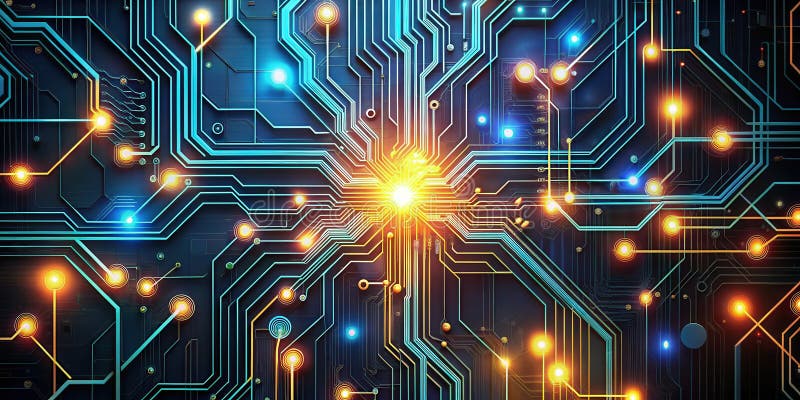 Intricate circuit board design featuring illuminated pathways and connectors representing advanced technological innovation. vector illustration