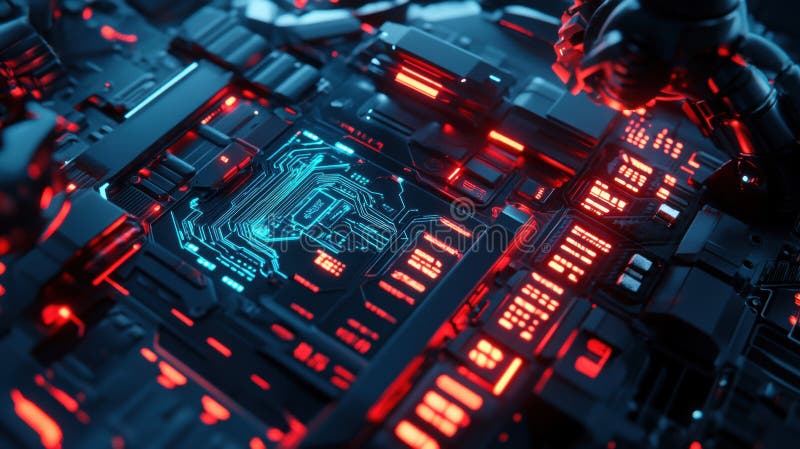 Intricate circuit board design illuminated with vibrant red and blue lights stock illustration