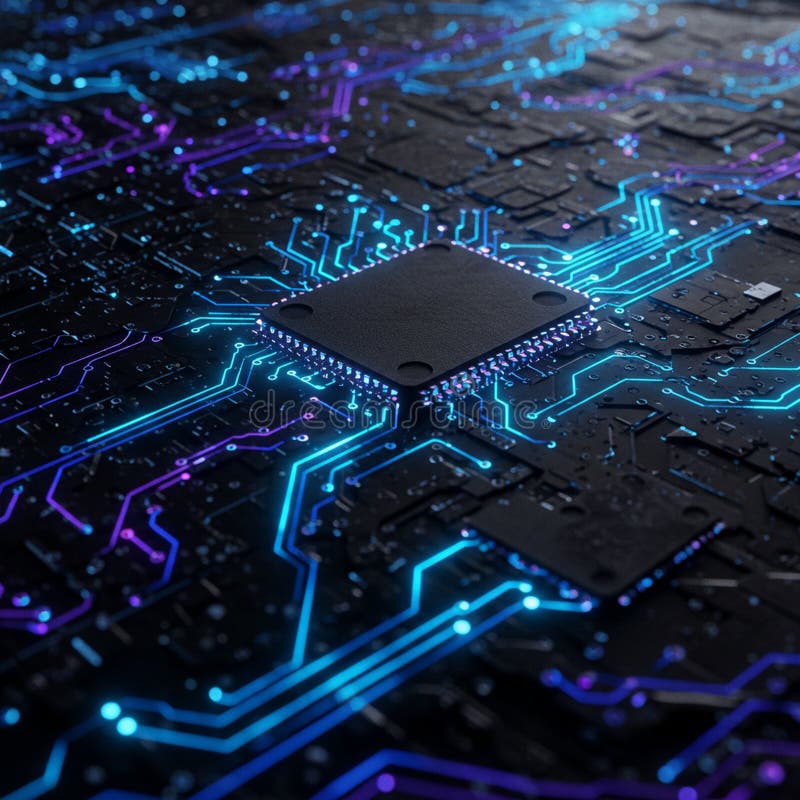 An intricate circuit board featuring a central black microchip is highlighted. royalty free illustration