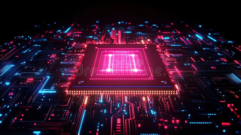 Intricate circuit board with glowing central processor stock illustration