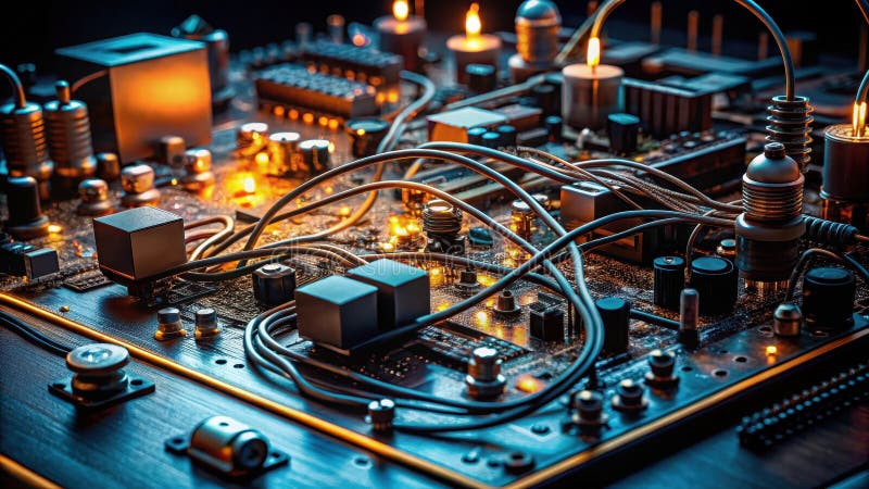 Intricate circuit board with glowing components and wires. Generative AI royalty free illustration