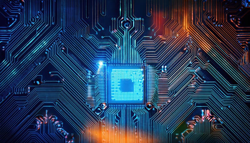 Intricate circuit board with glowing neon patterns highlighting dynamic algorithms and ai automation vector illustration