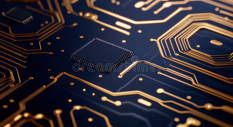 Intricate circuit board with golden traces stock illustration