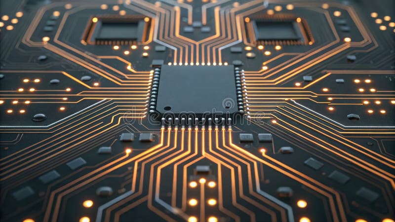 Intricate circuit board illuminated with multiple lights for advanced ai powered automation systems vector illustration