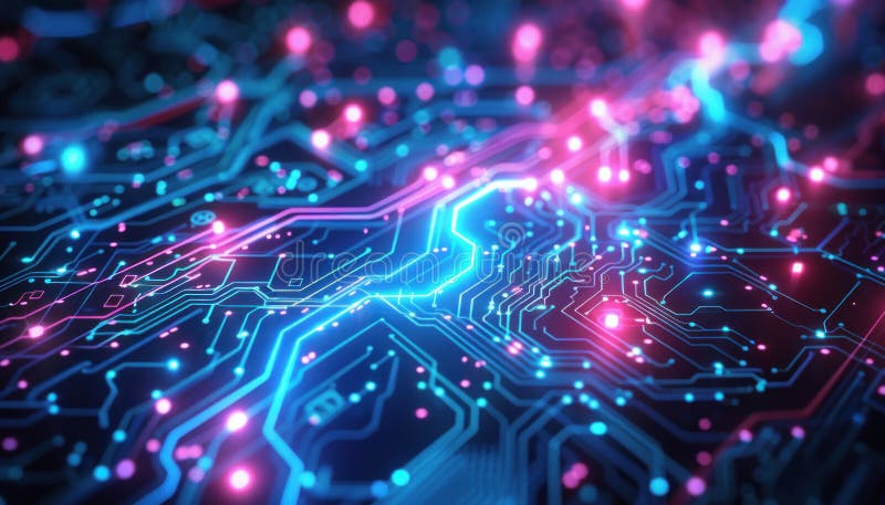 An intricate circuit board is pictured with mesmerizing blue and pink lights emanating from it stock photography