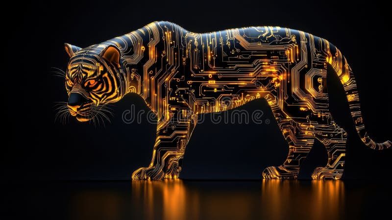 Intricate Circuit Design Featuring a Tiger in a Modern Aesthetic stock illustration