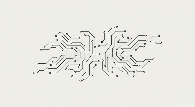 Intricate circuit pattern featuring symmetrical, branching lines emanating from a stock illustration