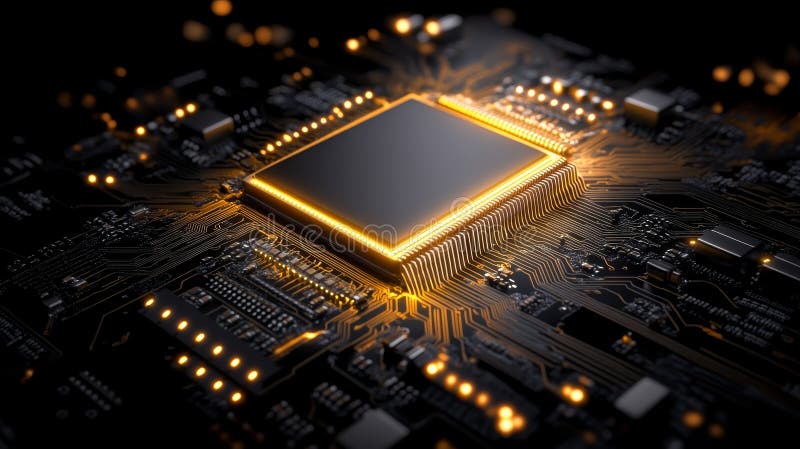 Intricate circuitry, exploring the complex architecture of a computer chip on circuit board. Closeup of a computer chip on circuit board, detailing its complex electronic components and connections ,Generative ai