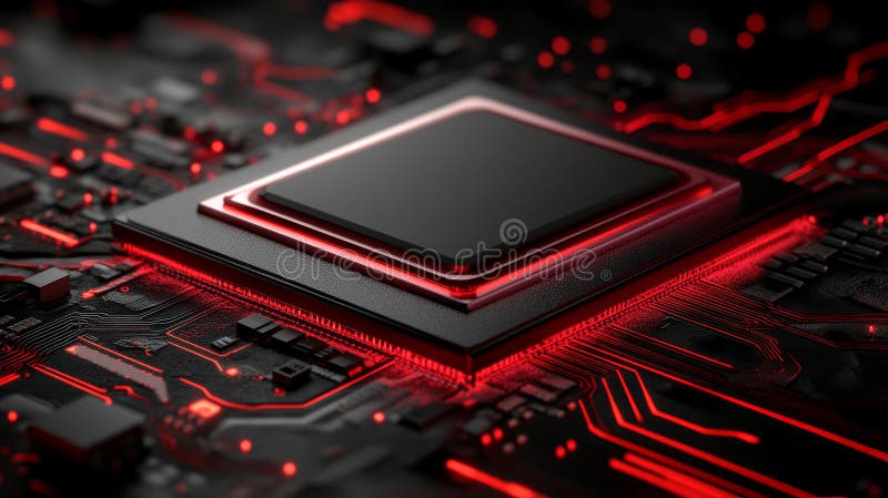 Intricate closeup of a computer processor on dramatic black and red background, exploring the power of modern technology vector illustration