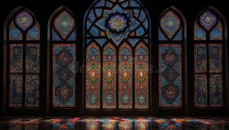 Intricate Colorful Stained Glass Windows Islamic Architecture Dark Room Setting