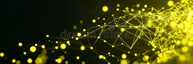 An intricate composition of yellow particles forms a captivating geometric design, connected by glowing lines against a deep black backdrop, evoking a sense of cosmic exploration and artistry. AI generated