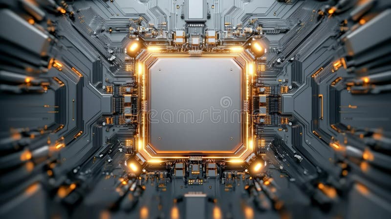 Intricate computer chip design showcasing wires and circuitry, illuminated by glowing lights, highlighting technology and vector illustration
