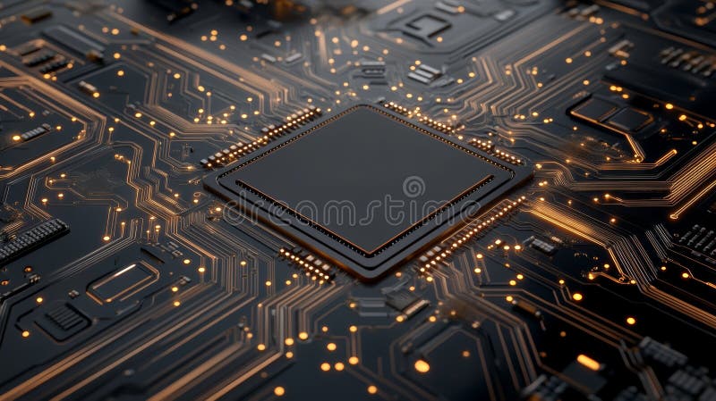 Intricate connections, a closeup view of computer chip on circuit board, highlighting electronic components and pathways stock illustration