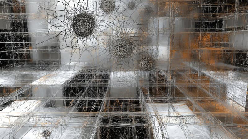 Intricate 3d grid of internet technologies with abstract cobwebs symbolizing data complexity stock illustration