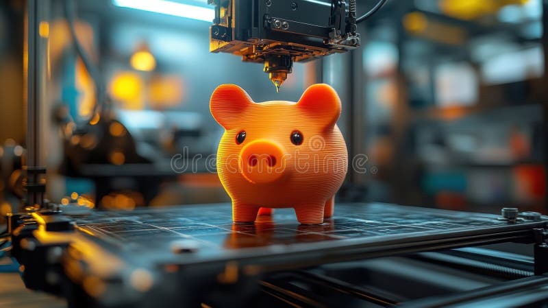 Intricate 3D printer creating a colorful piggy bank in a detailed workshop environment royalty free stock image