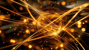 Intricate 3d Representation Of An Atom Showcasing Rotating Electrons 