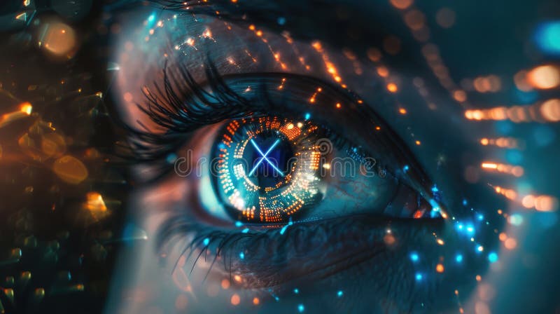 Intricate data patterns and analytics reflected in AI robot's eye, capturing the essence of AI detail. Data vector illustration