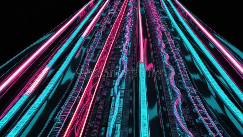 Intricate data streams flow through optical highway, showcasing cyber inspired aesthetic with vibrant neon colors. dynamic stock illustration