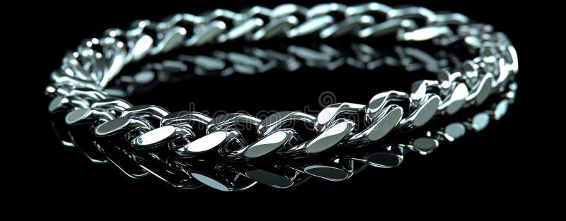 Intricate design and craftsmanship are evident in this close-up of a sleek, shiny silver chain bracelet stock photography