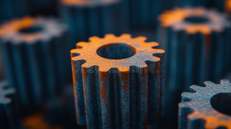 The intricate design of machinery is evident in a close-up of interconnected rotating gears stock photography