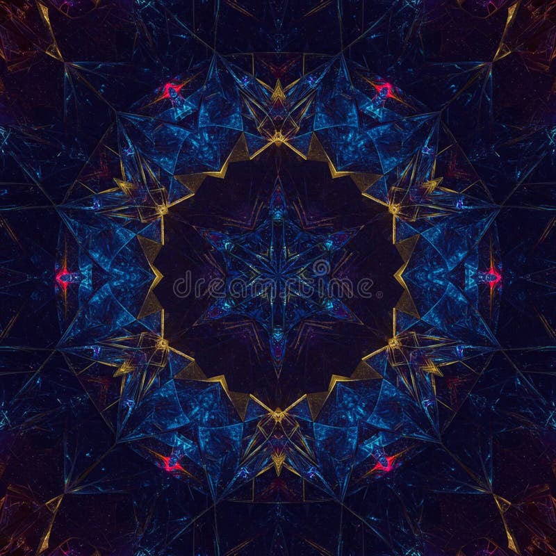 Intricate digital artwork featuring a symmetrical, kaleidoscopic pattern. Dominated by vector illustration