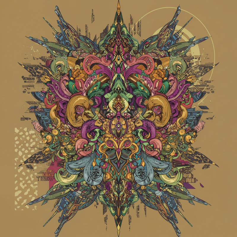Intricate digital artwork featuring a symmetrical, mandala-like design with vibrant stock illustration