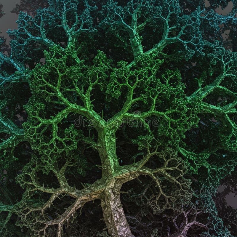 Intricate digital artwork featuring a tree with fractal-like branches, exhibiting a metallic stock illustration