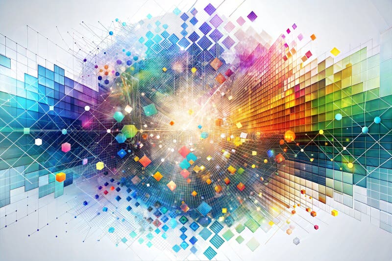 An intricate digital artwork showcasing a radiant burst of light surrounded by multicolored cubes and dots forming a mesmerizing royalty free illustration