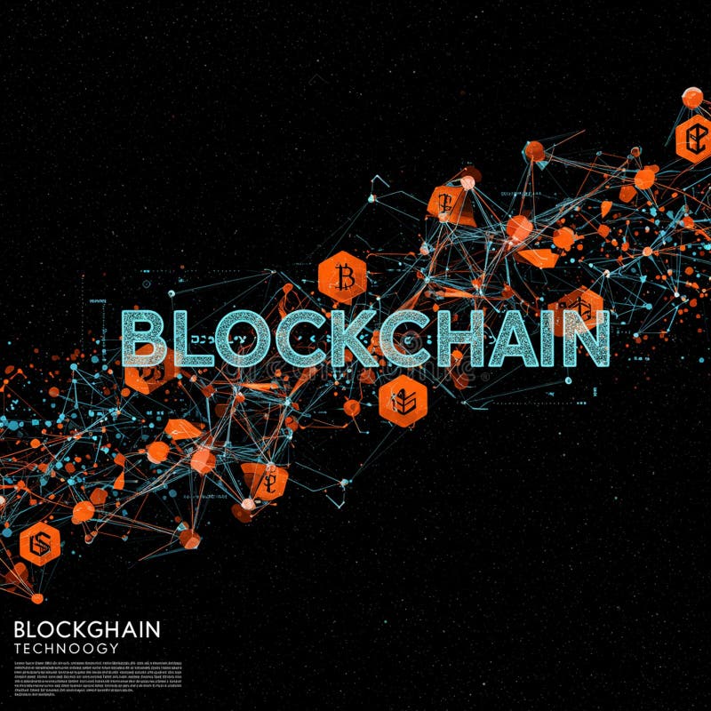 Intricate digital illustration featuring \'BLOCKCHAIN\' in large, stylized text. It depicts a stock illustration