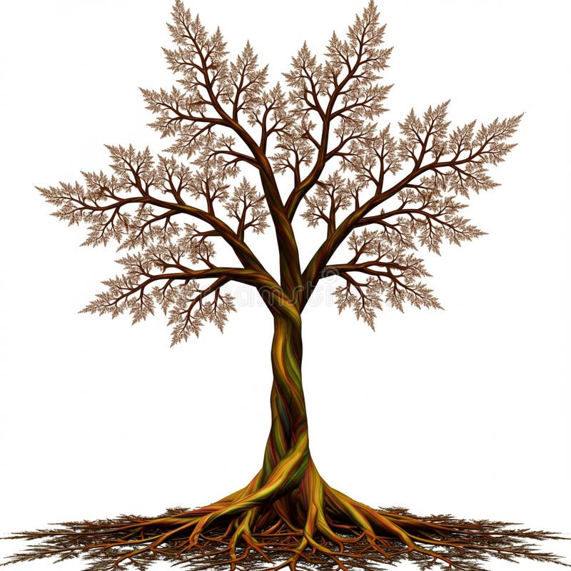 An intricate digital illustration of a tree with a twisted, multicolored trunk transitioning vector illustration