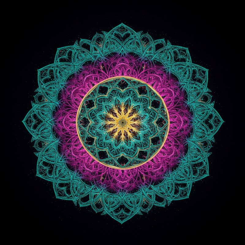 Intricate digital mandala with a central yellow starburst design surrounded by vibrant stock illustration