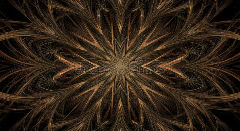 An intricate digital pattern featuring swirling, fan-like structures emanating from a central point. The design resembles a kaleidoscope or a fractal with layers of flowing lines in shades of brown and gold. The symmetrical arrangement and organic shapes suggest a dynamic movement, reminiscent of woven or fibrous textures. The muted color palette enhances the impression of depth and complexity, making the image appear both abstract and natural.
