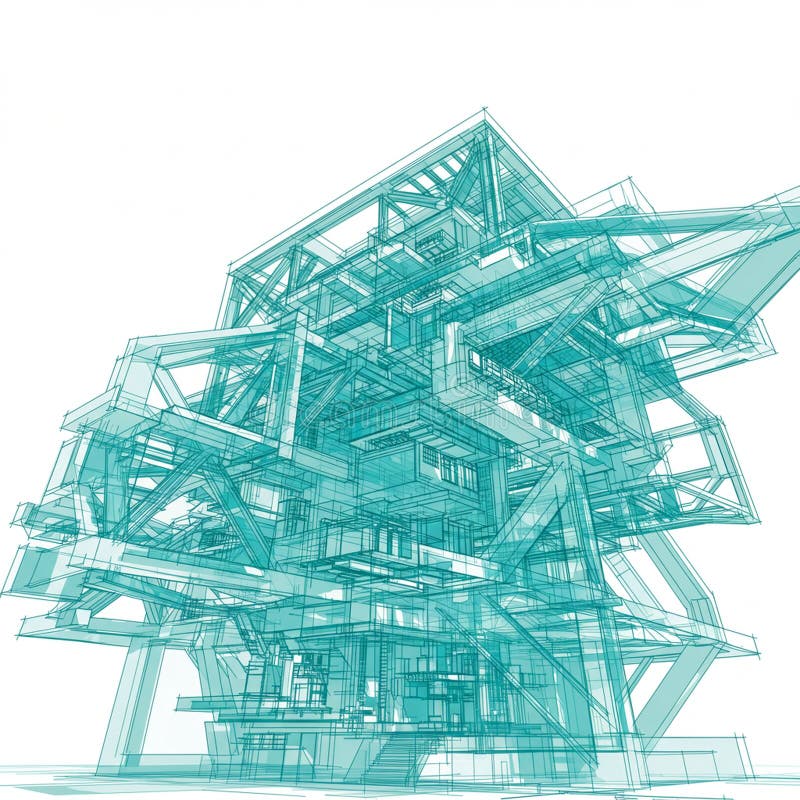 An intricate digital rendering of a futuristic architectural structure in teal wireframe. stock illustration
