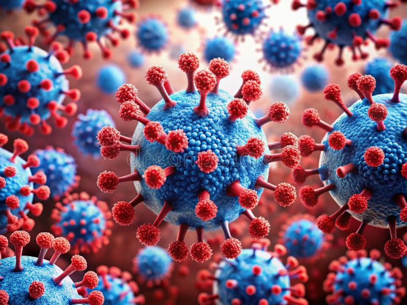 Intricate Digital Rendering of Microscopic Red and Blue Virus Cells A Detailed Exploration of Cellular Structure and royalty free illustration