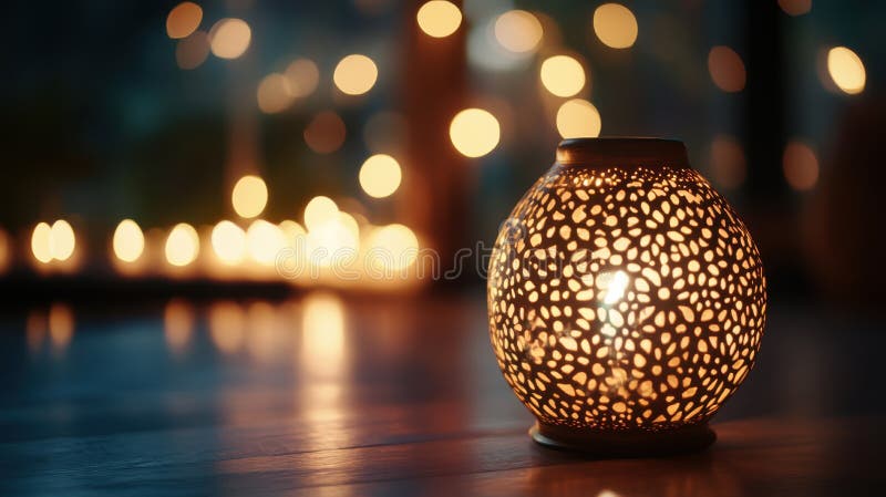 Intricate Diwali lantern illuminated from within, casting delicate patterns and surrounded by softly blurred festive stock images