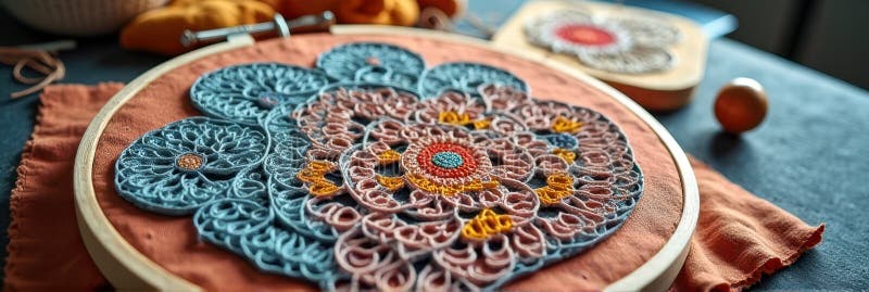 Intricate embroidery design on hoop with colorful thread patterns stock images
