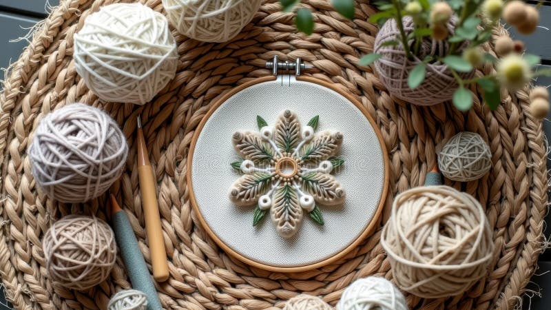 Intricate embroidery design with yarn balls on woven mat. That the image is generated using AI.