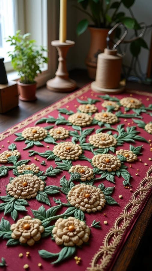 Intricate embroidery with floral patterns on rich red textile displayed by window royalty free illustration