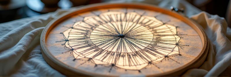 Intricate embroidery hoop design with geometric pattern and sunlight illumination royalty free illustration