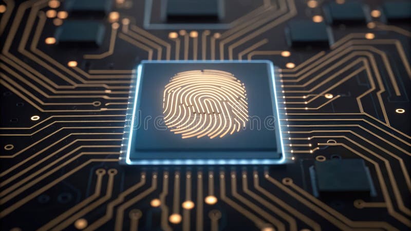 Intricate fingerprint embedded in a transparent circuit board representing digital identity and security royalty free illustration