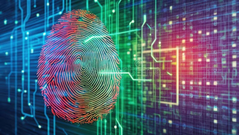 Intricate fingerprint imprinted on a digital background with neon circuit paths and firewall visuals vector illustration